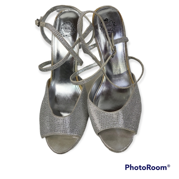 J. Miller Silver Platform Heels Sandals is Size 10M Fabric Upper Leather Soles - Picture 5 of 7